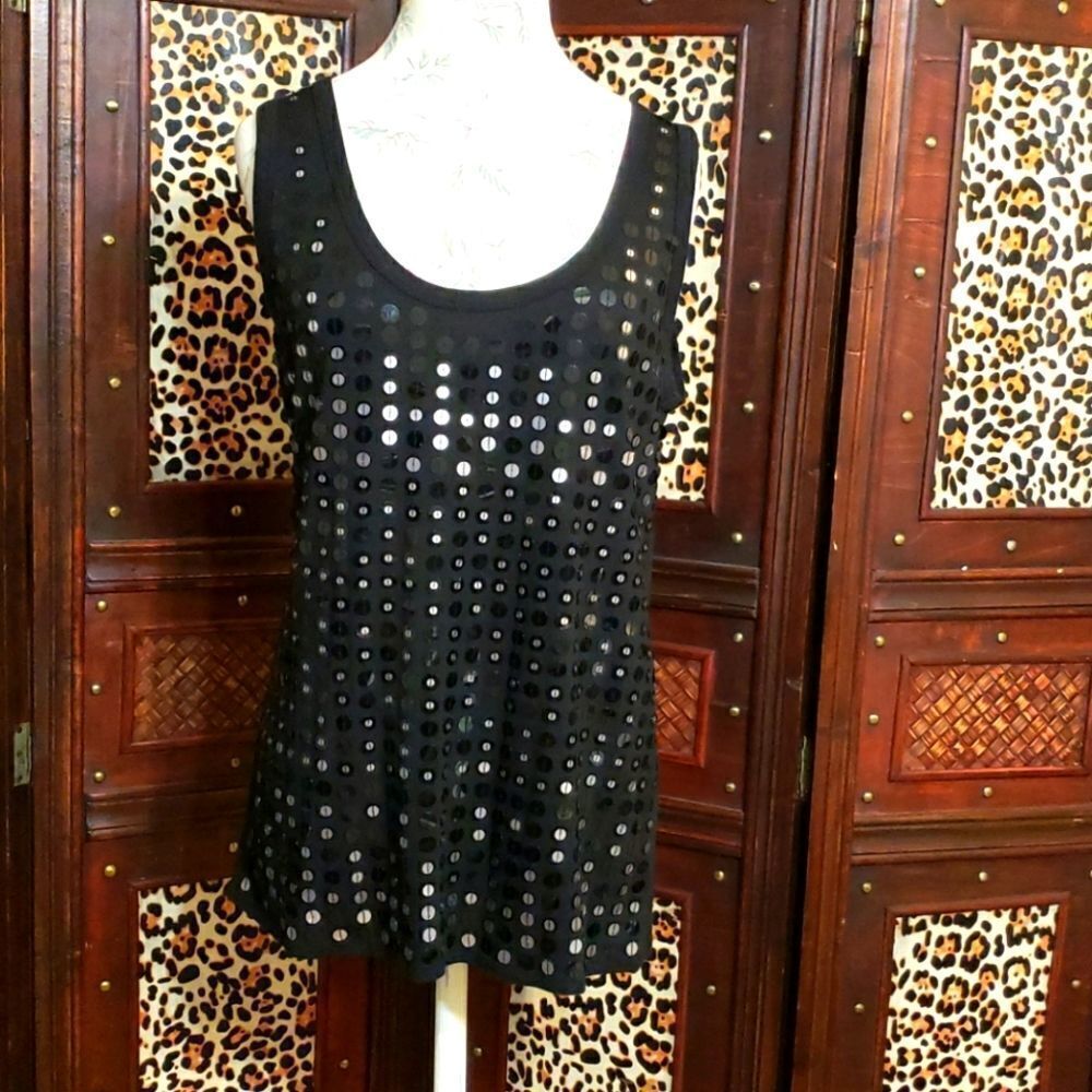 Pink Twill Black Modal Sequin Tank Sleeveless Top Size Large Vintage EUC